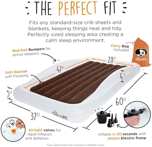 The Shrunks inflatable bed for kids packed compactly inside its official travel carrying bag