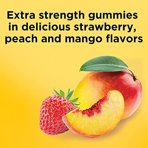Close up of strawberry peach and mango gummy vitamins