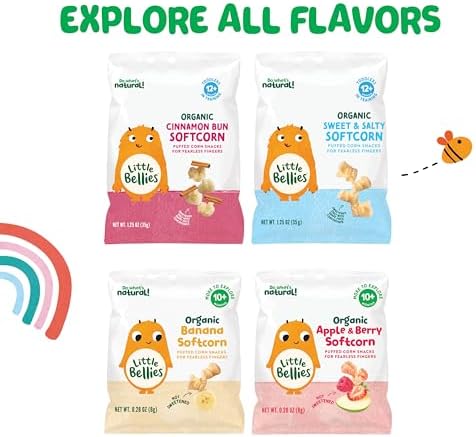 Little Bellies Organic Cinnamon Bun Softcorn imported toddler snack side angle packaging detail.