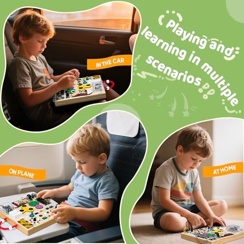 GNAYUIJ educational fidget board showing the illuminated power themed center switches and multi colored light bulbs.