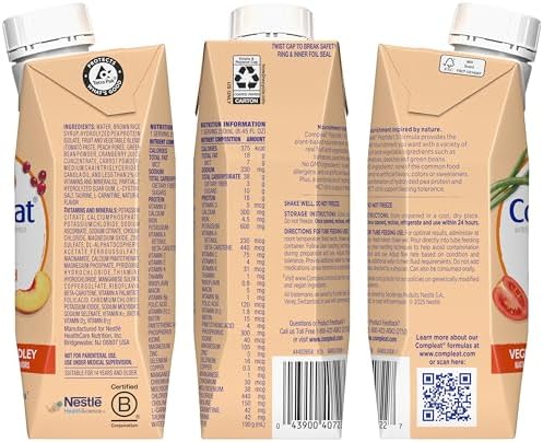 Compleat Peptide 1.5 oral supplement carton showing vegetable and fruit flavor details