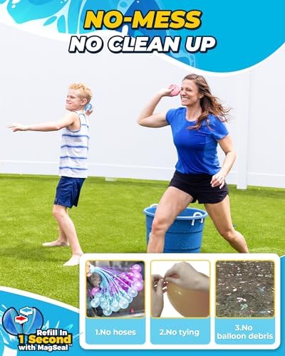 Kids playing with quick fill magnetic water balloons in a backyard game
