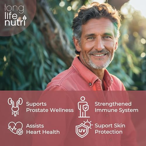 LongLifeNutri Lycopene 50mg side label showcasing the six month supply and prostate health benefits information.