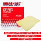 Burnshield 6 count pack showing sterile trauma dressing application for minor scalds.