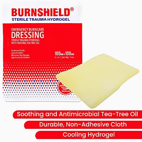 Burnshield 6 count pack showing sterile trauma dressing application for minor scalds.