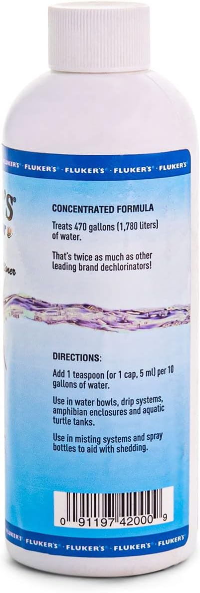 Fluker's reptile water conditioner bottle with aloe and vitamin E label details
