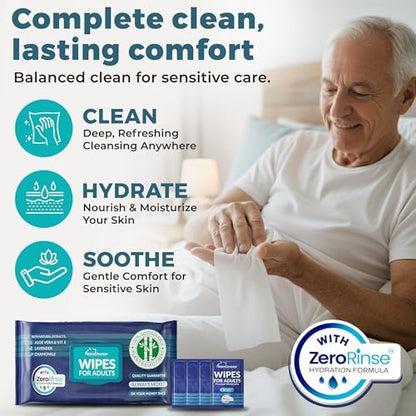 Dura Cleanse giant size moisturizing body wipes with lavender and chamomile extracts.