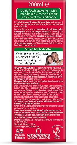 Side view of Vitabiotics Feroglobin Plus nutritional facts and ingredient list label