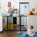 Mumeasy safety gate walk through door close up showing the secure top locking handle mechanism
