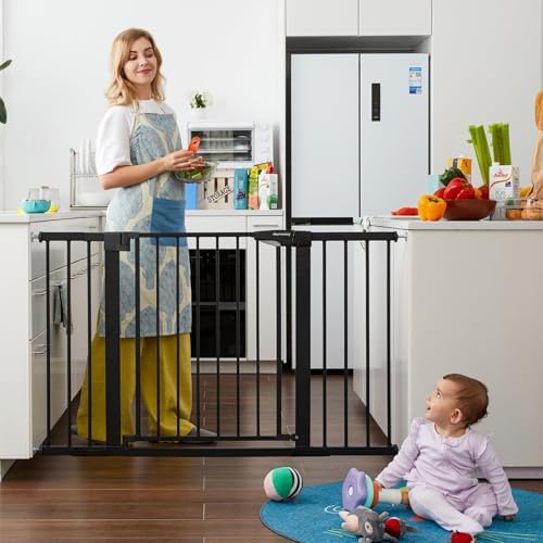 Mumeasy safety gate walk through door close up showing the secure top locking handle mechanism