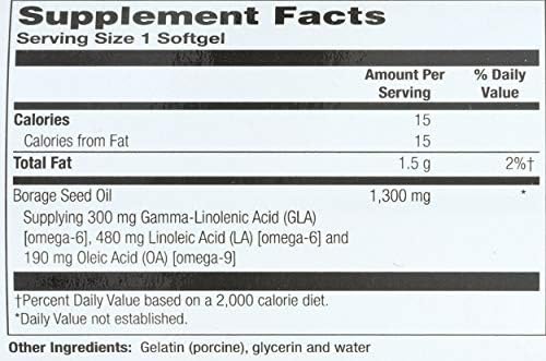 Cold pressed premium borage seed oil capsules showing Omega 6 fatty acid nutritional breakdown.