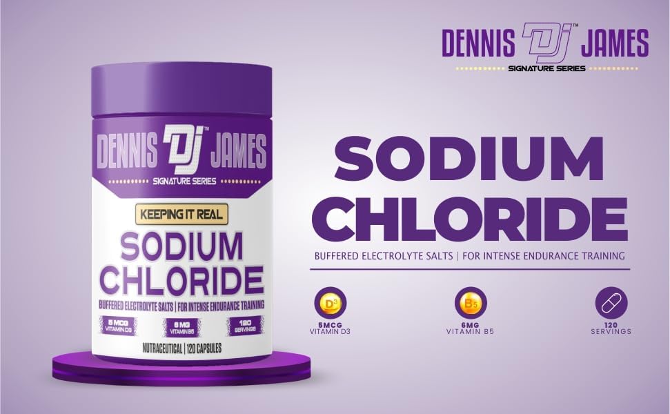 Close up of the supplement facts panel for Dennis James 1000mg sodium chloride electrolyte capsules