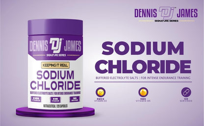 Close up of the supplement facts panel for Dennis James 1000mg sodium chloride electrolyte capsules