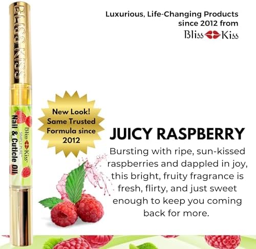 Close up of Bliss Kiss Raspberry nail oil pen packaging