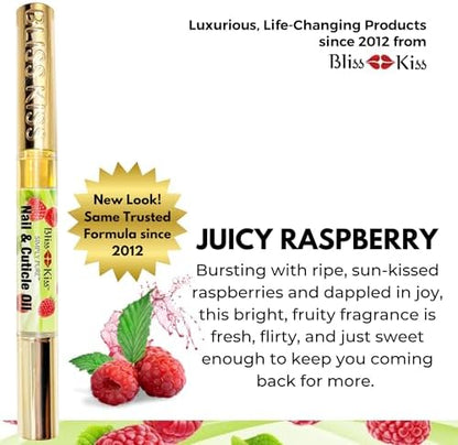 Close up of Bliss Kiss Raspberry nail oil pen packaging