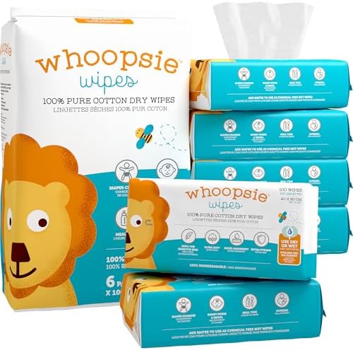 Whoopsie Wipes â€“ The Original 100% Pure Cotton Dry Baby Wipes â€“ Ultra Soft, Unscented, Chemical-Free Wipes for Sensitive Skin â€“ Use Dry or Add Water for Wet Wipes â€“ 6 Packs (600 Count) - Image 2