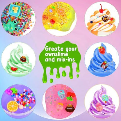 Multi sized colorful foam balls and sugar paper accessories for slime texture