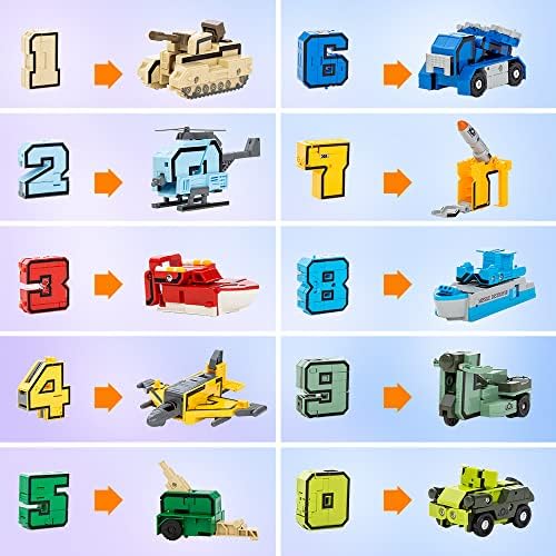 Individual plastic numbers zero to nine converting into miniature military vehicles.