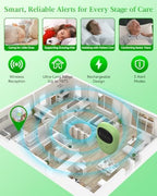 The complete green Yorenson wireless bedwetting alarm package layout emphasizing its cordless design for kids.