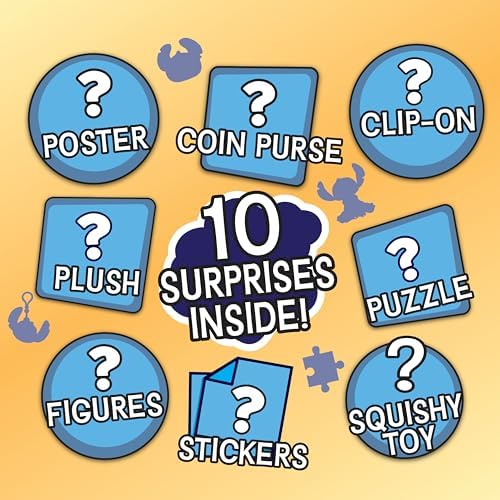 Just Play Stitch mystery toys layout showcasing the included mini figures and character backpack clip.