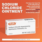 Rugby Laboratories 50 milligram sodium chloride eye ointment three pack box showing drug facts and directions.
