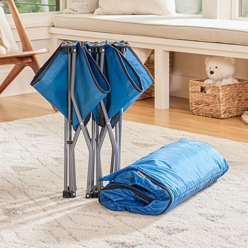 Regalo toddler travel bed packed securely inside its matching blue fabric carrying case with shoulder strap.
