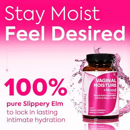 HerAurÃ© vegan capsules for vaginal dryness and stress relief on a neutral background.
