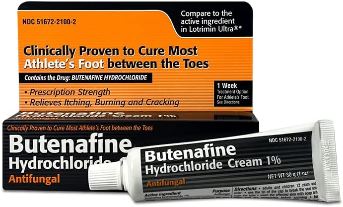 Prescription strength butenafine hydrochloride cream for itchy feet and ringworm treatment.