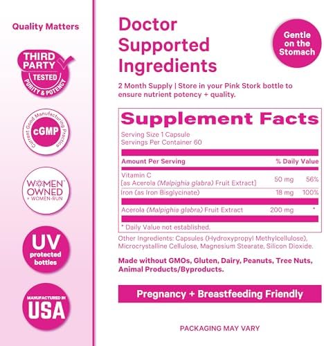 Pink Stork daily iron supplement for women vegan certifications and lifestyle seals
