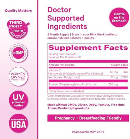 Pink Stork daily iron supplement for women vegan certifications and lifestyle seals