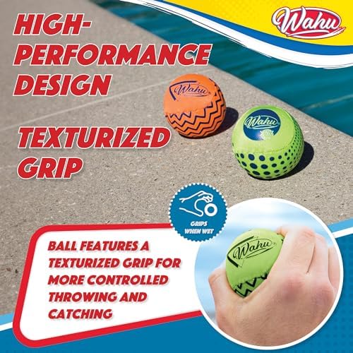 Green and orange high visibility Wahu water skipping balls floating on water