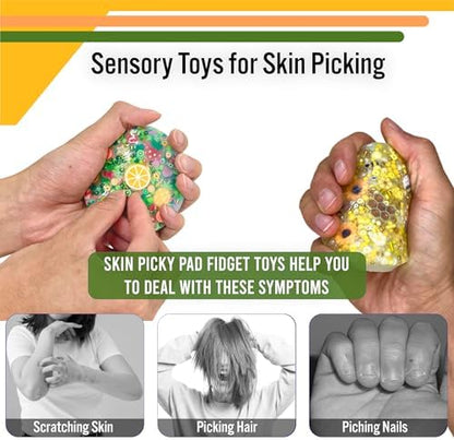 Two pack multicolor sensory fidget pads for dermatillomania and anxiety management shown side by side.