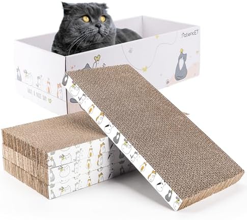 PatiencET cardboard cat scratcher bed angled view displaying a domestic kitten resting comfortably inside the spacious lounge layout.