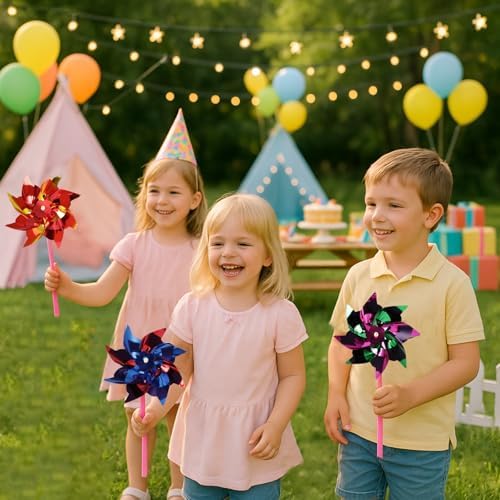 Rainbow pinwheels installed as bird deterrent in backyard