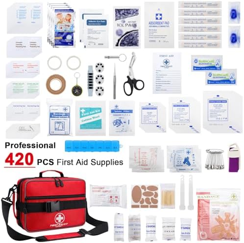 Poygik medical supplies organized inside open red polyester first aid kit.