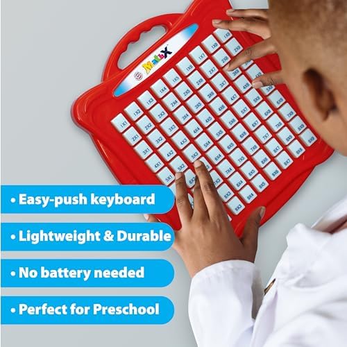 Close up view of the Small World Toys math keyboard displaying the individual multiplication equations on the keys.
