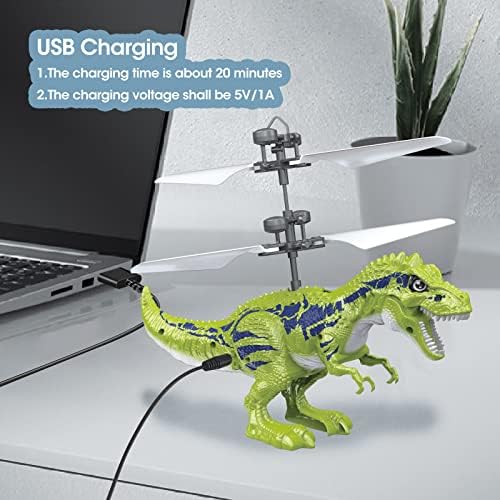 Rechargeable dinosaur flying ball toy with bright flashing light emitting diode lights on during night flight.