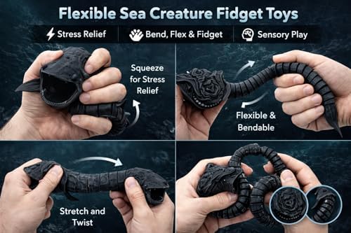 Two pack deep sea cryptid figures displayed neatly together on a minimalist wooden office desk setup