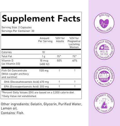 Two mini softgels of Premom prenatal omega three showing the easy to swallow size.