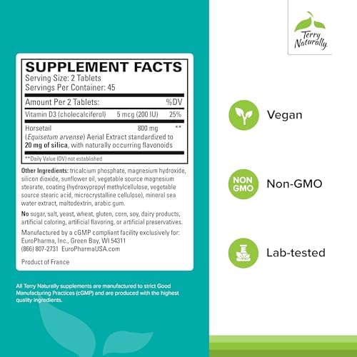 Terry Naturally Silica 20 label showing collagen and bone benefits