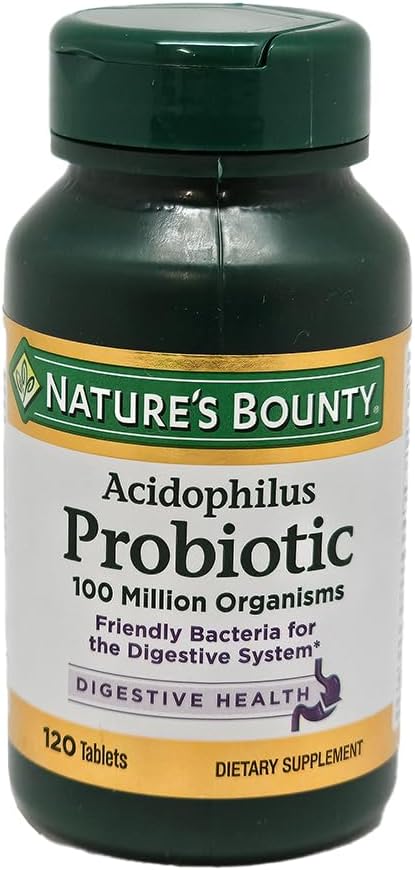 Nature's Bounty brand digestive health probiotic packaging showcasing non GMO allergen free features.