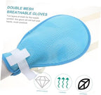 Durable hand restraint gloves with long straps for hospital bed rail attachment.
