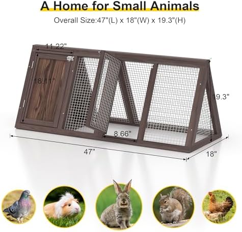 Outdoor Chicken Coop Wooden A-Frame Small Animal Coop Rabbit House Quail Cages with Outdoor Runs & Ventilated Wire Fence Suitable for Garden Backyard Farms 47 x 18 x 19.5 in (Brown) - Image 6