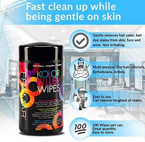 Framar hair color remover wipes for skin being pulled from top dispenser packaging
