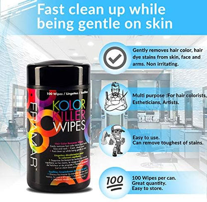 Framar hair color remover wipes for skin being pulled from top dispenser packaging