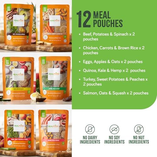 Real Food Blends assortment of beef chicken and salmon meal pouches