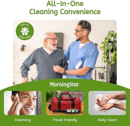 Morning Star premium bed bath wipes for seniors demonstrating the full nine by twelve inch dimensions.