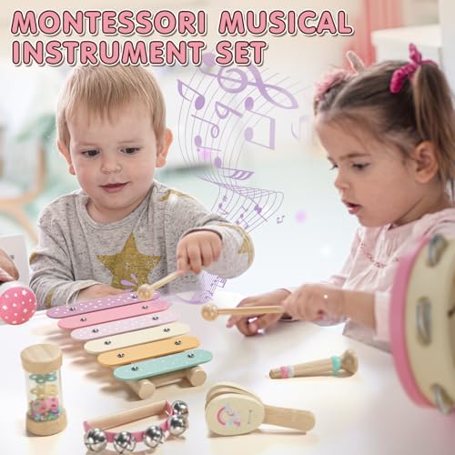 Lehoo Castle Montessori toy set highlighting the smooth wood maracas and tambourine.