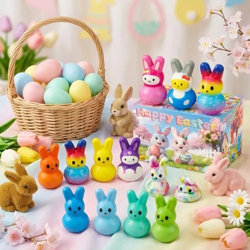 Variety of pastel rainbow and solid color bunny squishies laid out in rows.