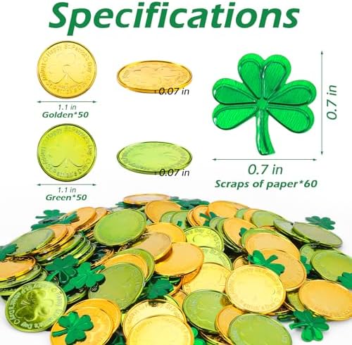 Close up of embossed clover patterns on metallic gold and green Irish festival coins